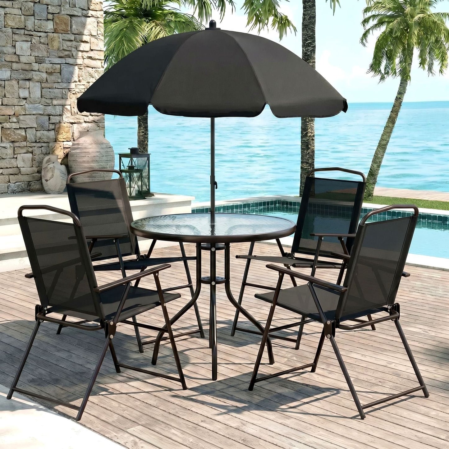 Pirecart Patio Dining Set of 6, Outdoor Table and Chairs Set with 65″ Umbrella, 31.5″ Round Glass Table & 4 Folding Textilene Chairs, Outdoor Dining Set
