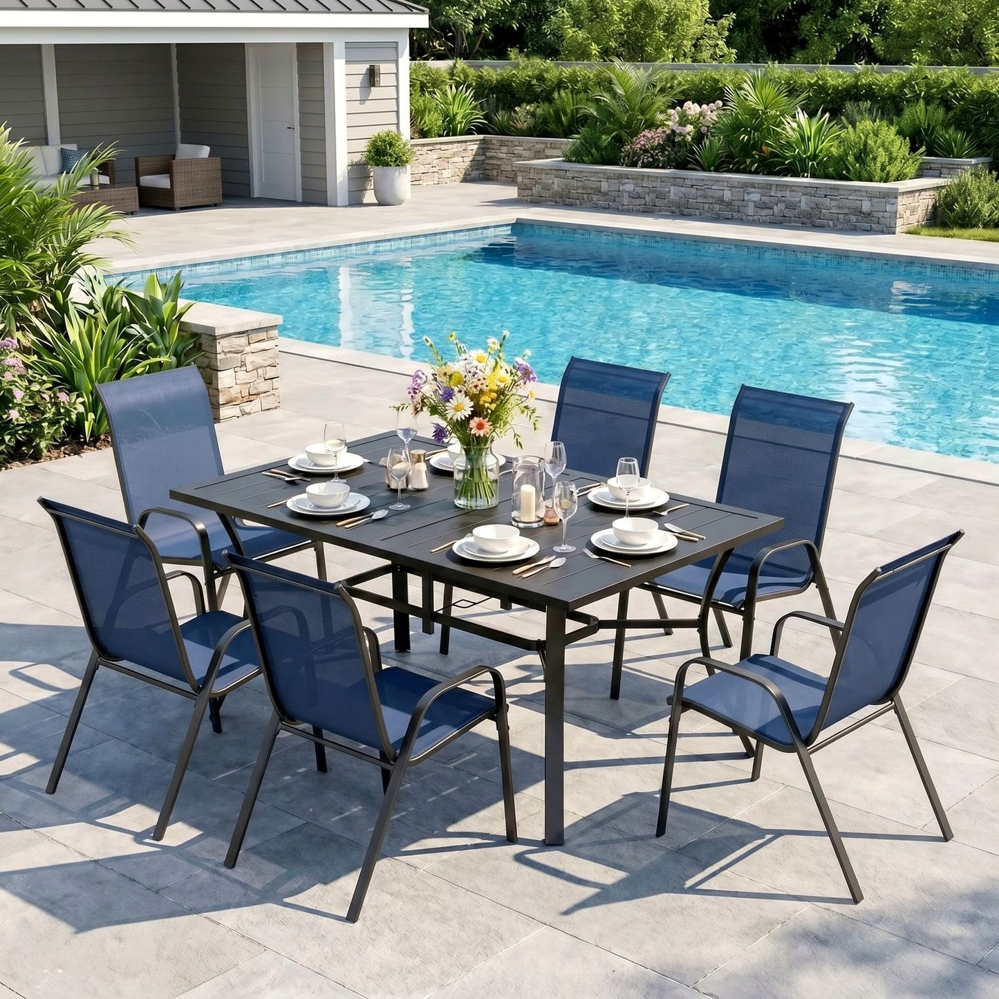 Pirecart 7Pcs Patio Dining Set, 63''x38'' Rectangular Metal Table with 6 Textilene Chairs, Outdoor Table and Chairs W/1.6" Adjustable Umbrella Hole & Foot Pads