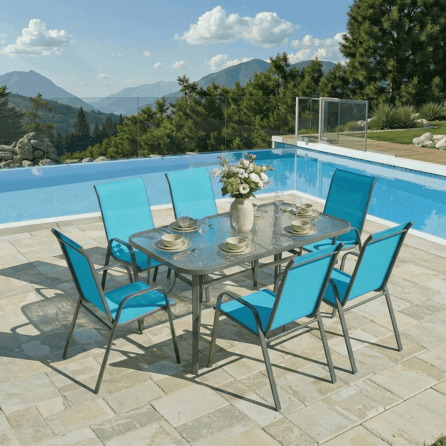 Pirecart Outdoor Table and Chair Set of 7, Textilene Patio Furniture Set Suitable for All Weather with Umbrella Hole, for Backyard Poolside