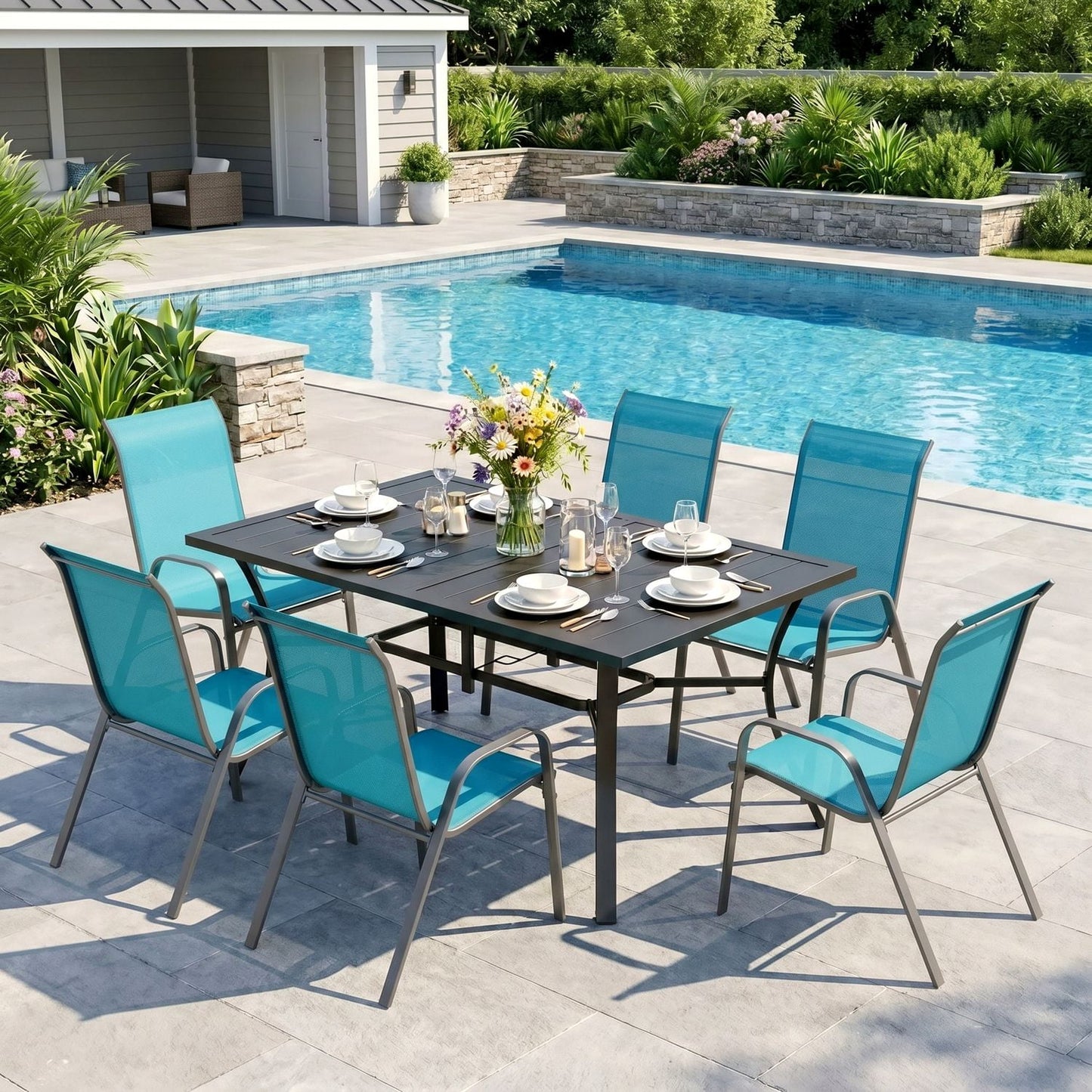 Pirecart 7Pcs Patio Dining Set, 63''x38'' Rectangular Metal Table with 6 Textilene Chairs, Outdoor Table and Chairs W/1.6" Adjustable Umbrella Hole & Foot Pads