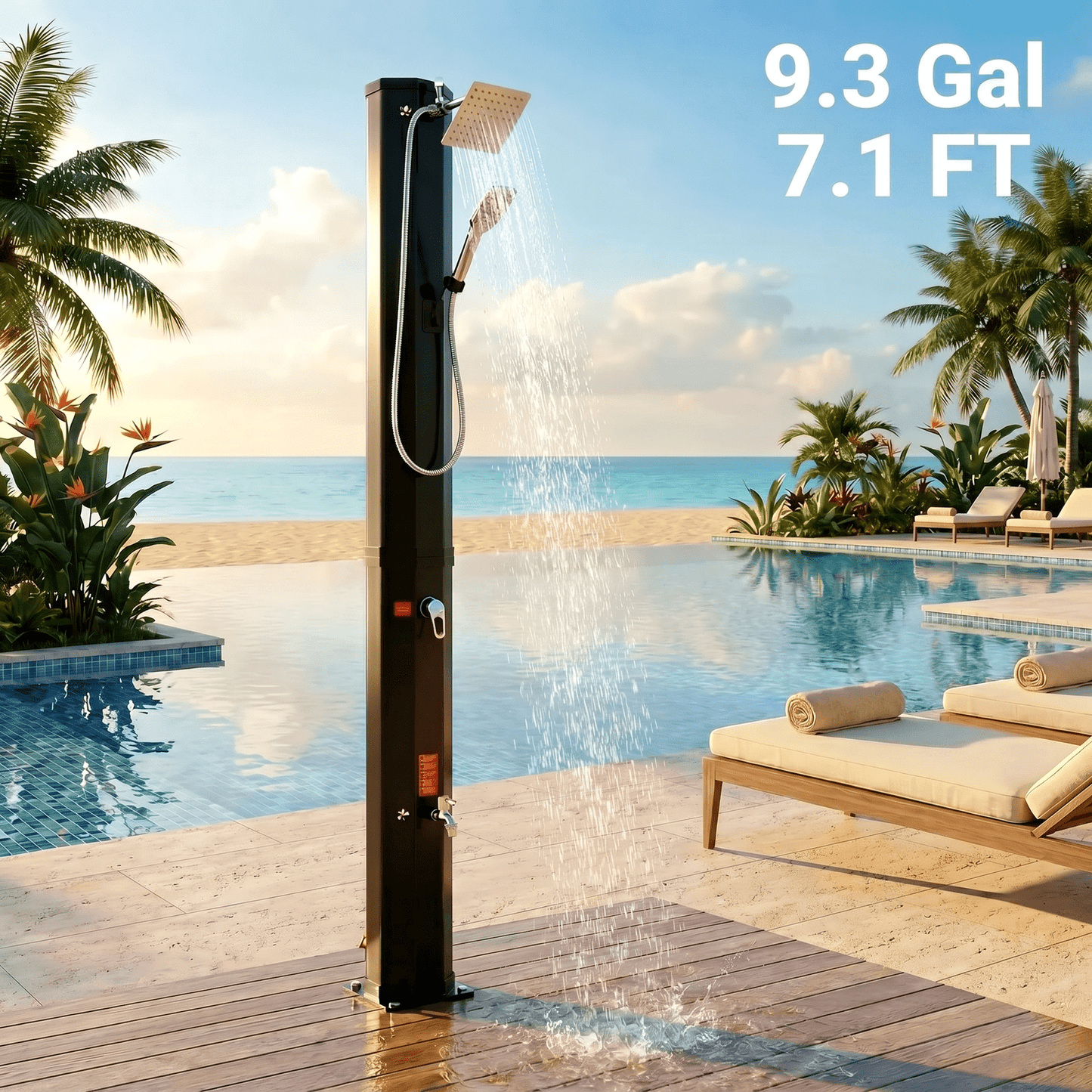 Pirecart Solar Heated Shower with Handheld Head, Outdoor PVC Freestanding Shower W/360 Rotating Rainfall, Temperature Adjustment & Foot Faucet, for Poolside