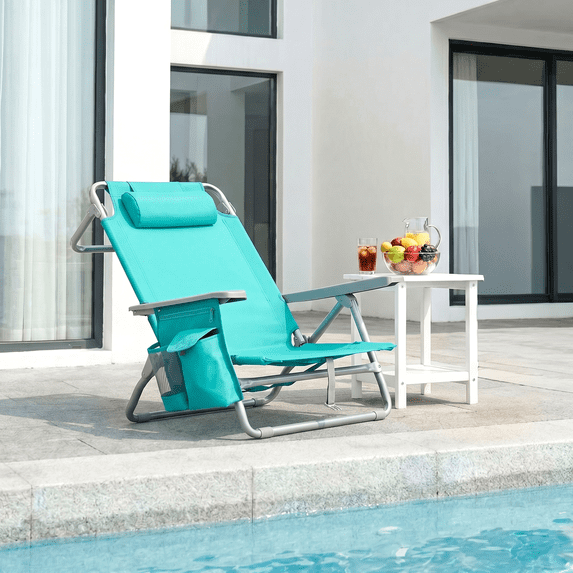 Foldable Beach Chair, 5-Position Lay Flat Reclining Beach Chair W/ Headrest, Storage Bag, Cooler Pouch,Towel Bar, Foot Mat