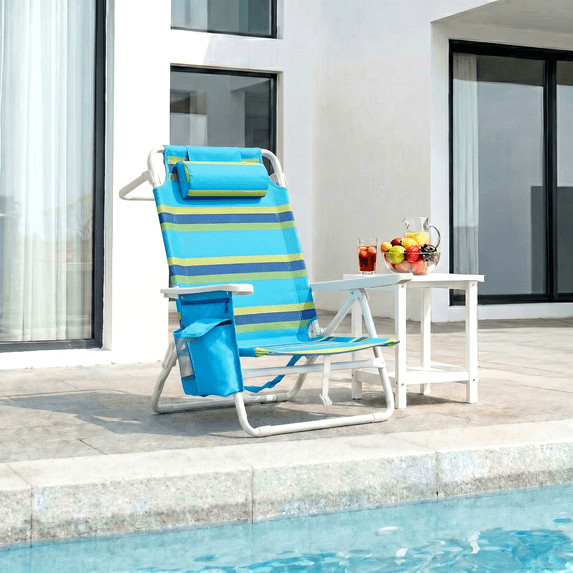 Foldable Beach Chair, 5-Position Lay Flat Reclining Beach Chair W/ Headrest, Storage Bag, Cooler Pouch,Towel Bar, Foot Mat
