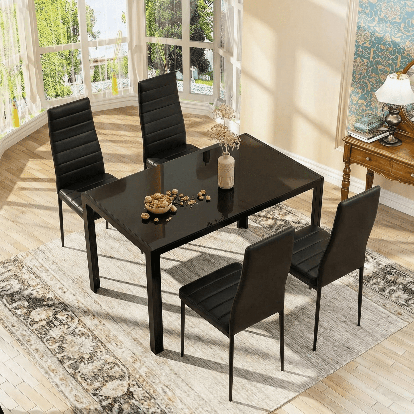 Pirecart Dining Set of 5, 4 Upholstered PU Chairs W/ Tempered Glass Dining Table, Esay-Cleaning & Space-Saving Dining set, Metal Steel Frame Dining Room Set