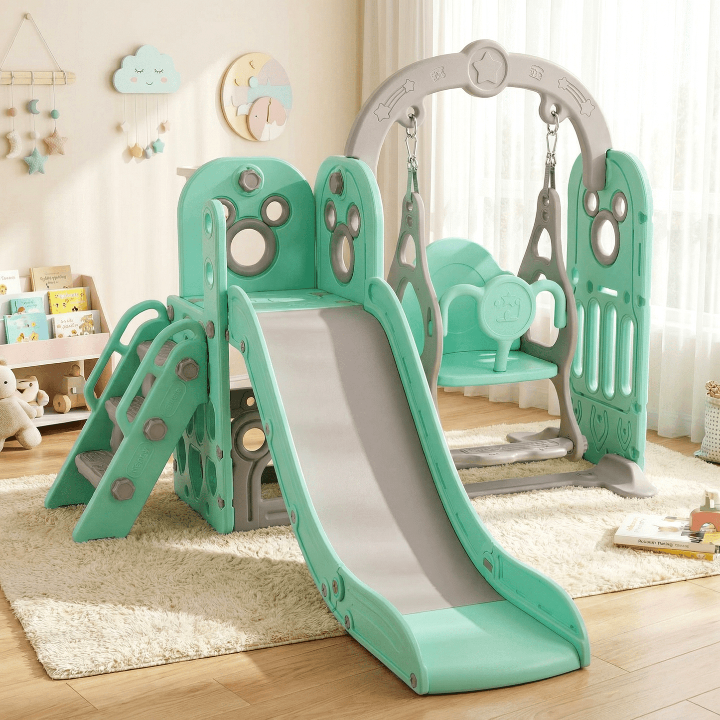 pirecart 5 in 1 Kids Swing Slide Playset, Slide Climber for Toddler with Ball & Hoop