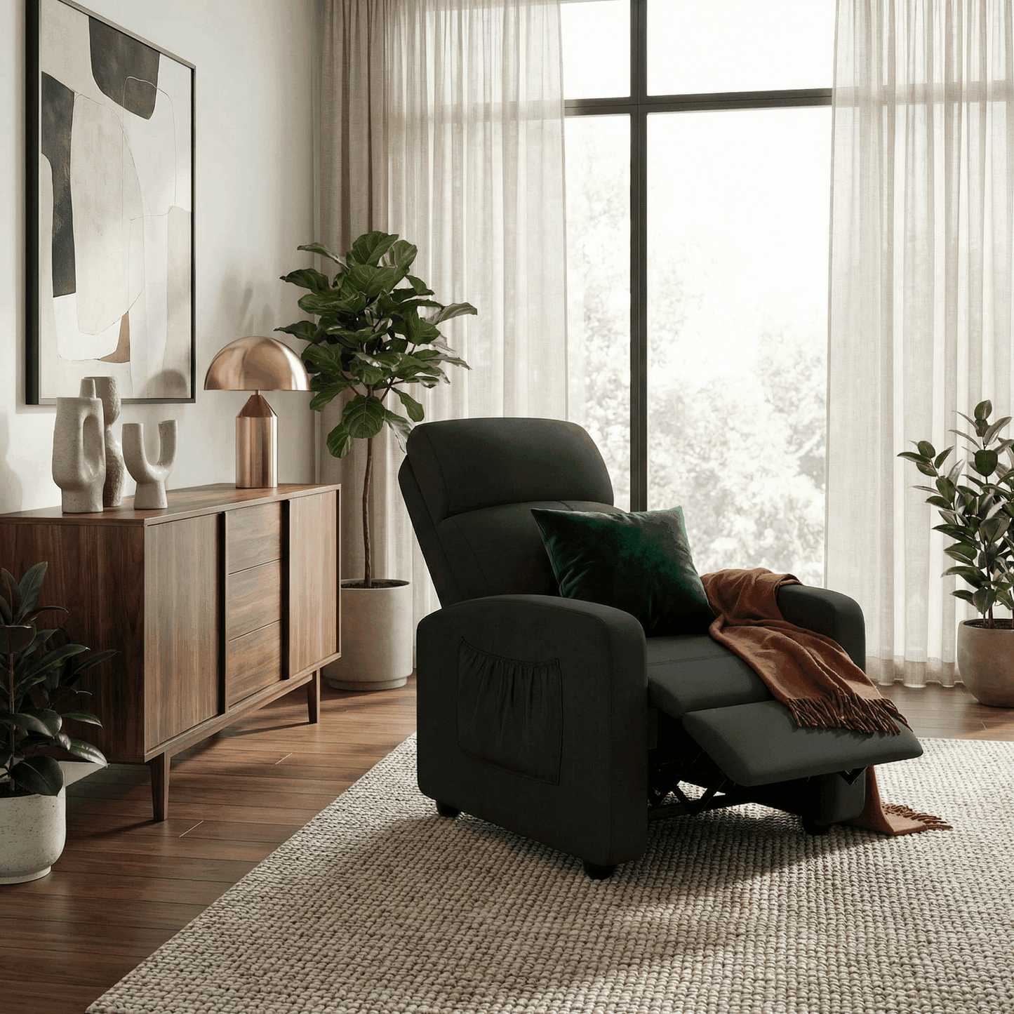 Pirecart Fabric Reclining Chair, Single Sofa Chair with Thicker Seat Cushion and a Side Pocket, Home Theater Seating with Adjustable Backrest and Footrest
