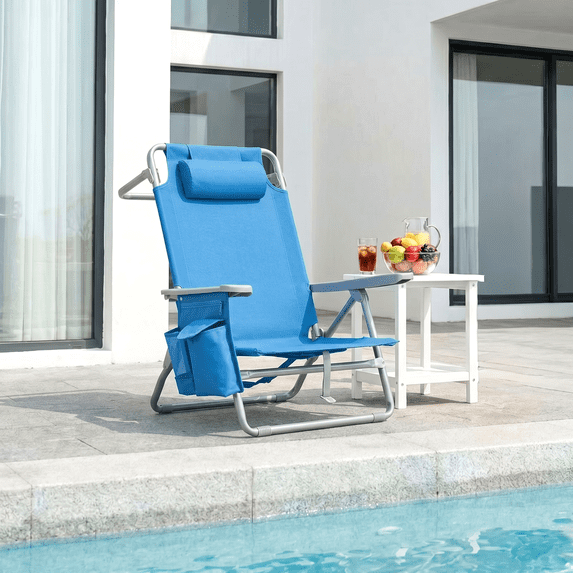 Foldable Beach Chair, 5-Position Lay Flat Reclining Beach Chair W/ Headrest, Storage Bag, Cooler Pouch,Towel Bar, Foot Mat