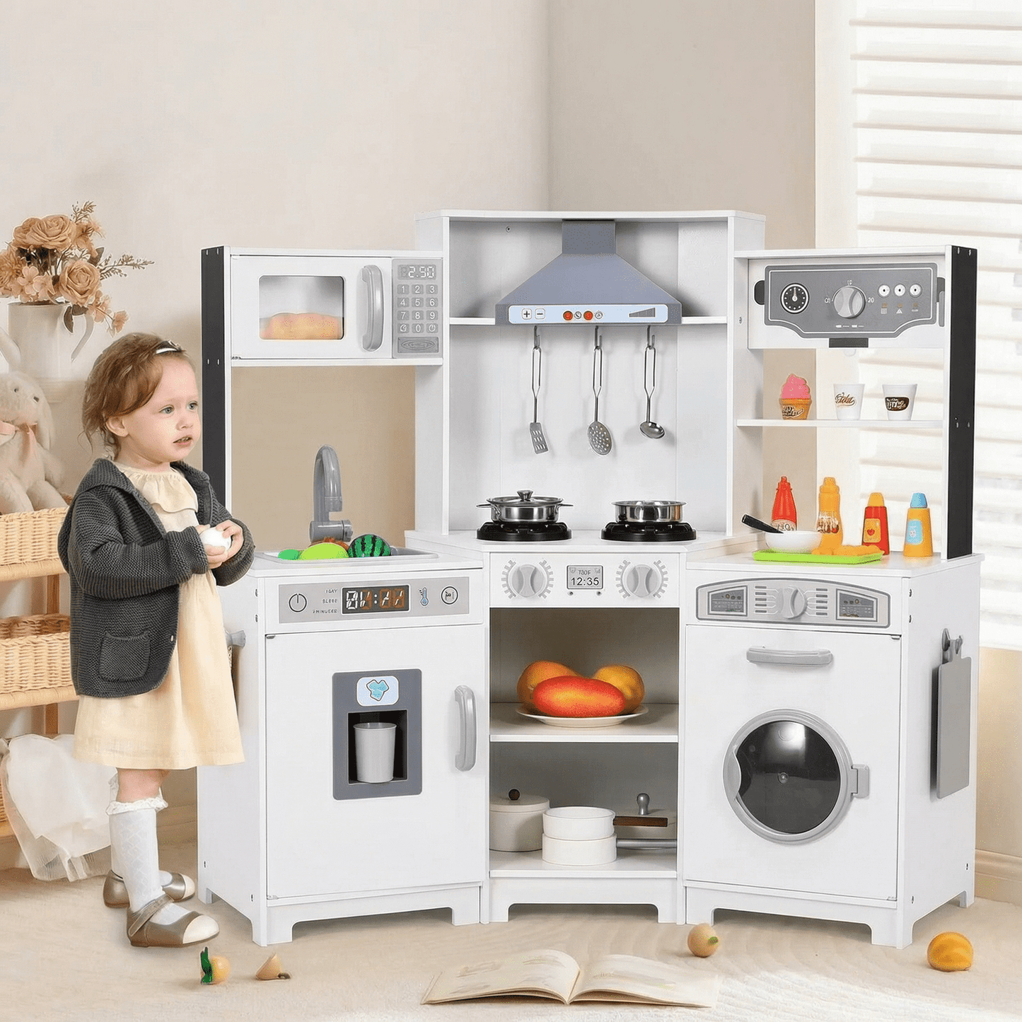 Pirecart Corner Kids Kitchen Playset Toddler Wooden Pretend Cooking Set with Realistic Light Sound, Removable Sink