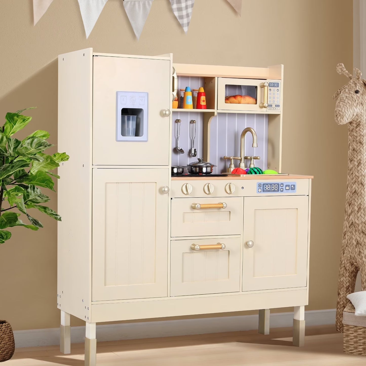 pirecart kids Play Kitchen Wooden Cooking Playset w/Realistic Light & Sound