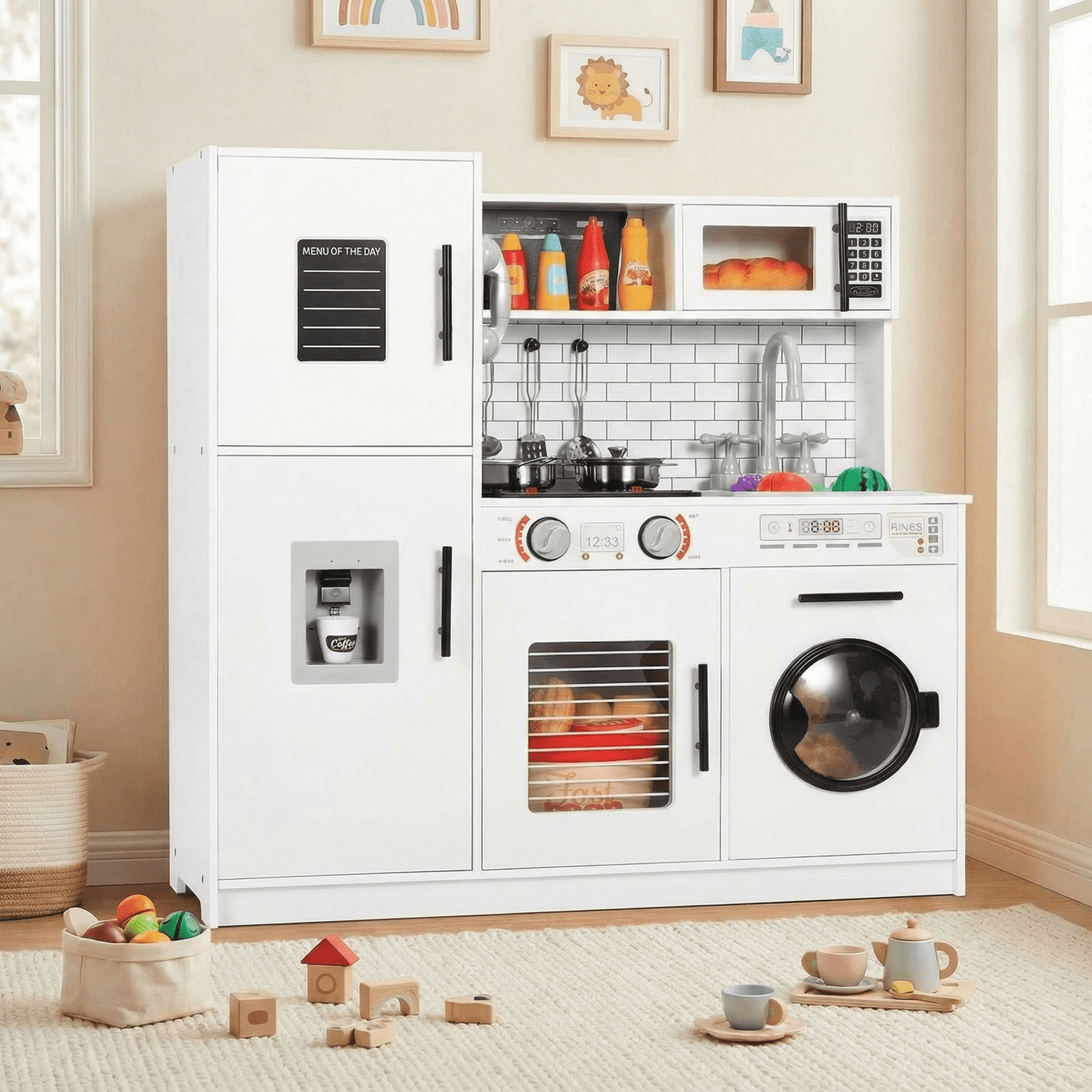 Pirecart Pretend Play Kitchen Kids Cooking Playset Toys with Water Dispense, Washing Machine, Real Sounds & Lights