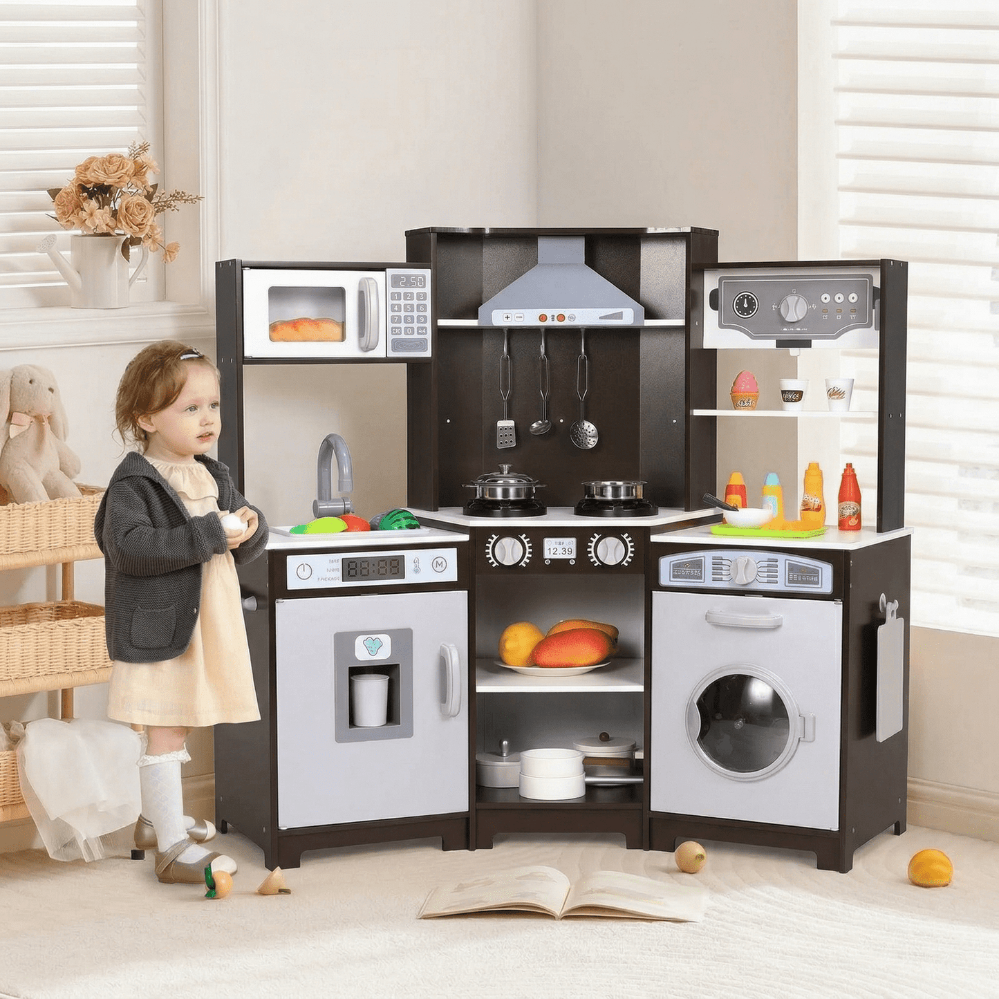 Pirecart Corner Kids Kitchen Playset Toddler Wooden Pretend Cooking Set with Realistic Light Sound, Removable Sink