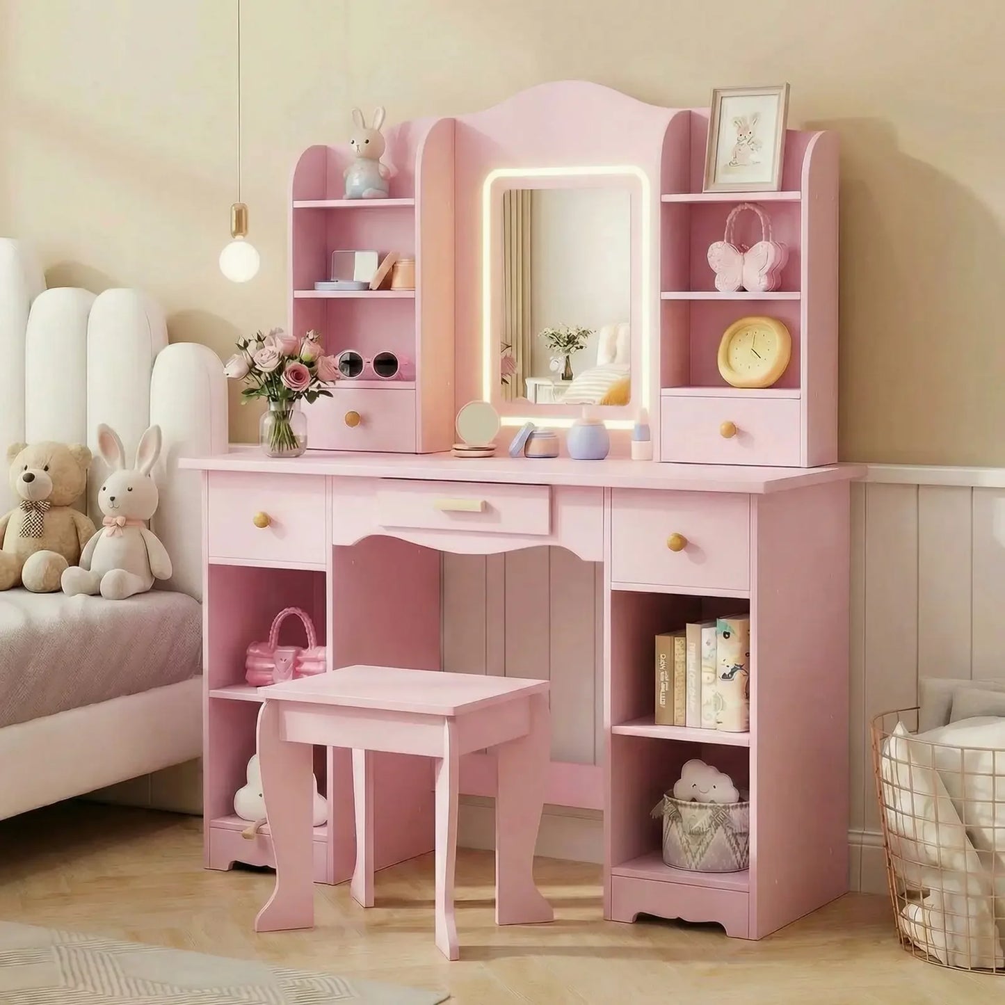 Pirecart Kids Vanity with 3 Color Lights, Girls Vanity Set with Mirror, Storage Drawer, Pretend Play Makeup Desk, with Detachable shelf