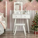 Pirecart Kids Vanity Table and Chair Set, Kids Wood Makeup Dressing Table with 7 Lights, Mirror, 2 Drawers