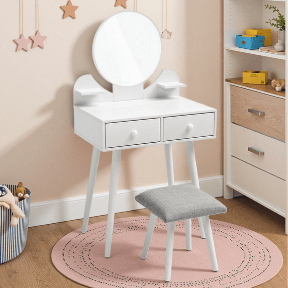 Pirecart Kids Vanity Table and Chair Set, 2 in 1 Wooden Makeup Table and Stool with Storage Drawer & Shelves & Detachable Top, Girls Vanit for Age 3+