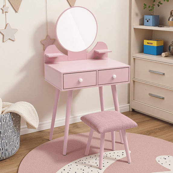 Pirecart Kids Vanity Table and Chair Set, 2 in 1 Wooden Makeup Table and Stool with Storage Drawer & Shelves & Detachable Top, Girls Vanit for Age 3+
