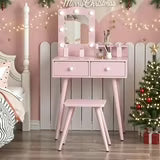 Pirecart Kids Vanity Table and Chair Set, Kids Wood Makeup Dressing Table with 7 Lights, Mirror, 2 Drawers