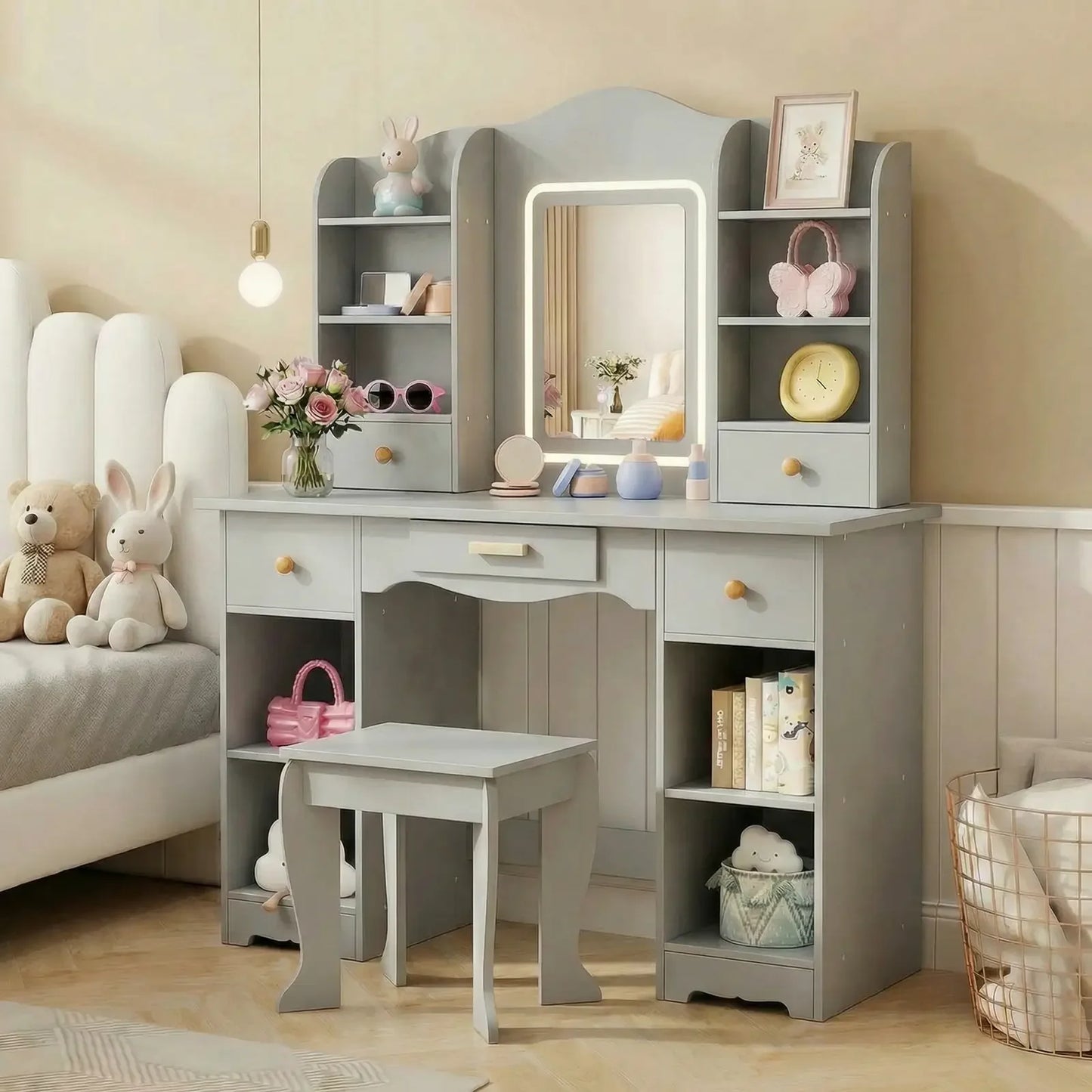 Pirecart Kids Vanity with 3 Color Lights, Girls Vanity Set with Mirror, Storage Drawer, Pretend Play Makeup Desk, with Detachable shelf