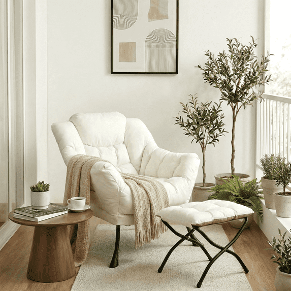 Pirecart Fabric Lazy Chair with Foldable Ottoman and Side Pocket, Large Comfy Chair with Footstool Set Reading Chair Leisure Sofa Chair for Bedroom, Living Room