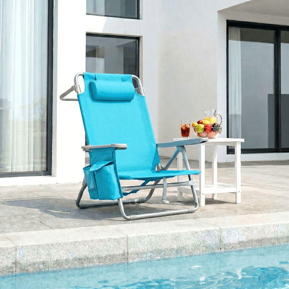 Foldable Beach Chair, 5-Position Lay Flat Reclining Beach Chair W/ Headrest, Storage Bag, Cooler Pouch,Towel Bar, Foot Mat