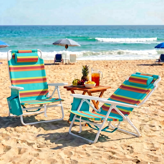 Foldable Beach Chair, 5-Position Lay Flat Reclining Beach Chair W/ Headrest, Storage Bag, Cooler Pouch,Towel Bar, Foot Mat