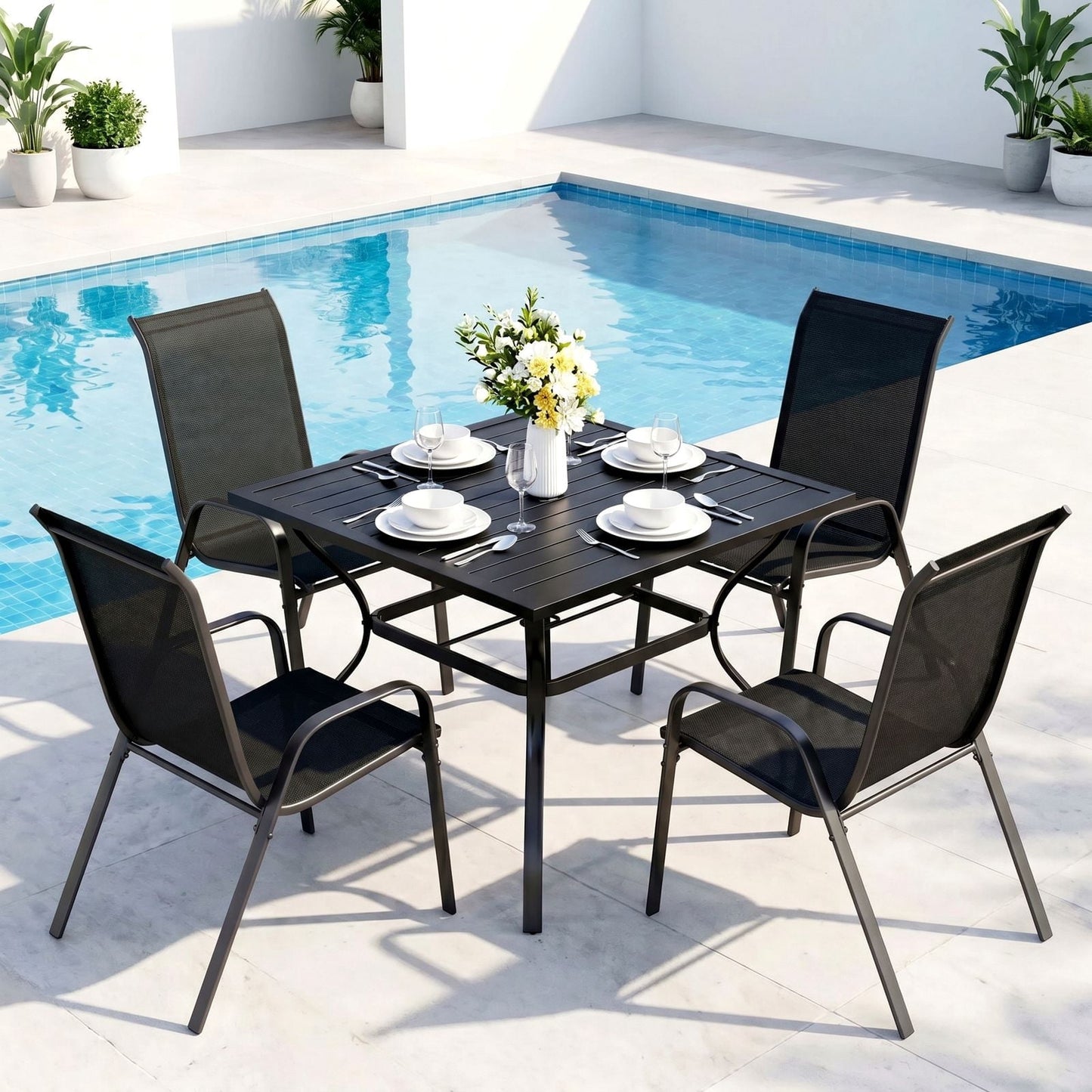 Pirecart Outdoor Dining Set of 5, Patio Dining Set W/1.57"-1.8" Adjustable Umbrella Hole & Foot Pads, All Weather 37" Square Metal Table and 4 Stackable Textilene Chair
