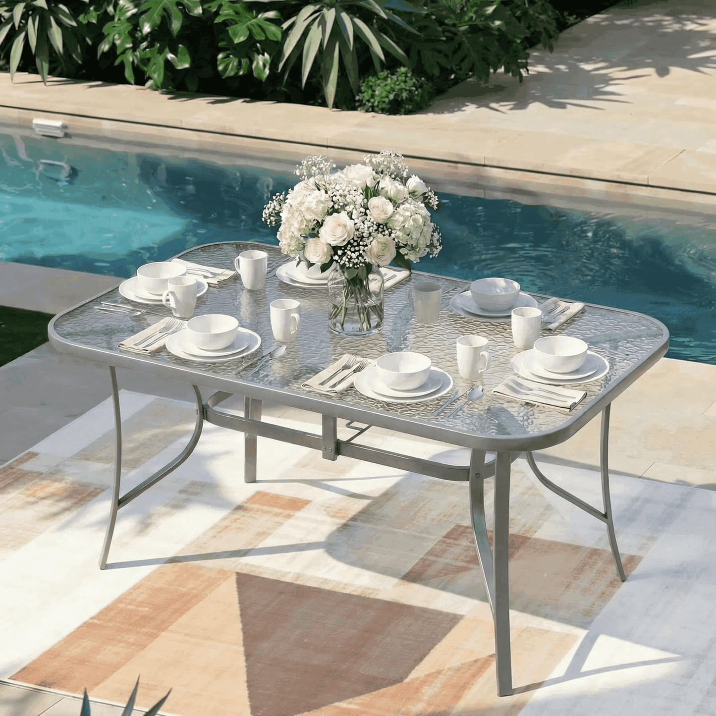 Piecart Outdoor Dining Table with Umbrella Hole, Rectangular Glass Patio Table, Patio Table for Outside, Garden, Balcony