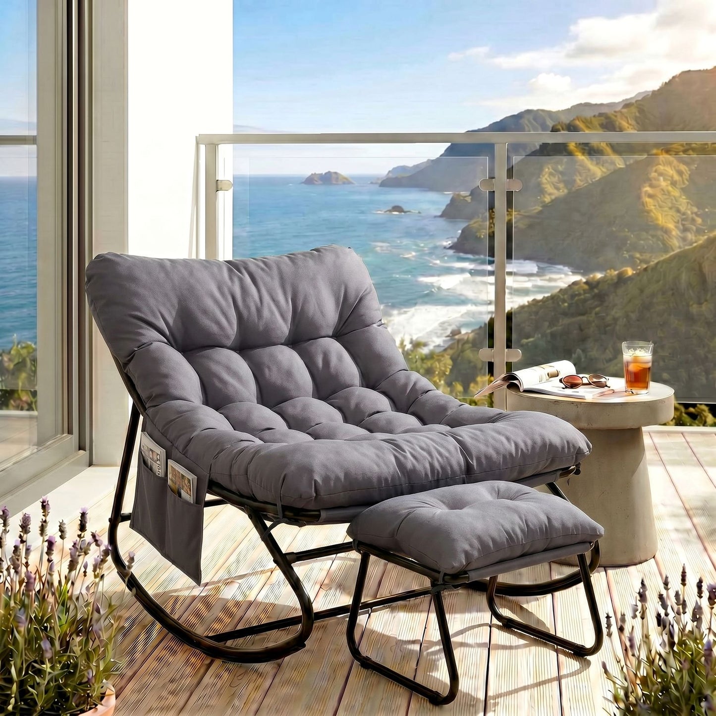 Pirecart Outdoor Papasan Rocking Chair, Lounge Chair with Cushion & Side Pocket, Metal Frame, Patio Rocker Chair for Balcony Backyard