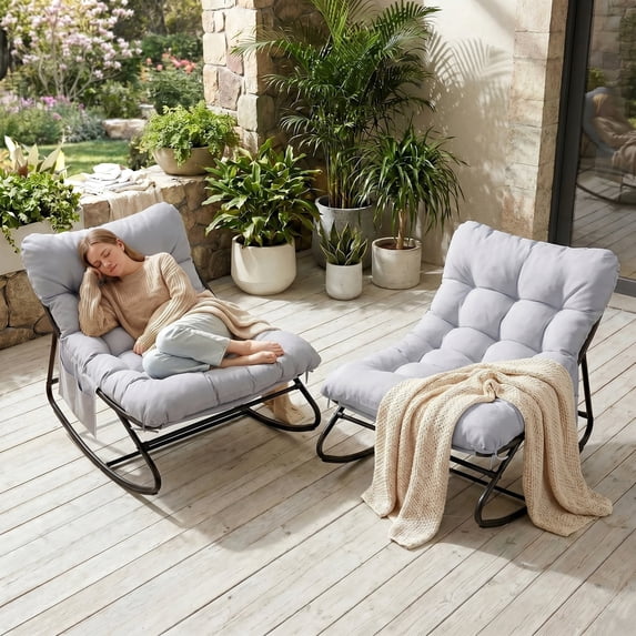 Pirecart Outdoor Papasan Rocking Chair, Lounge Chair with Cushion & Side Pocket, Metal Frame, Patio Rocker Chair for Balcony Backyard