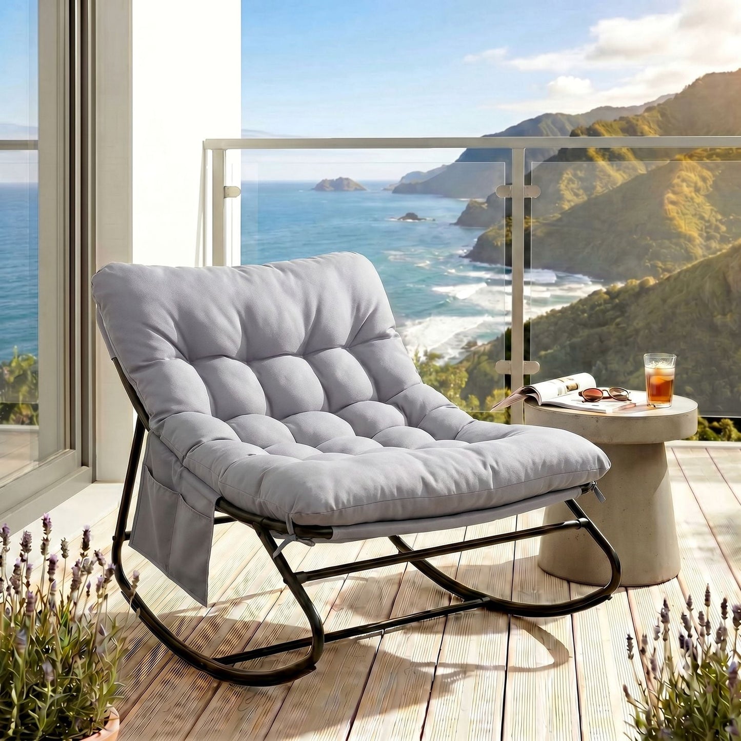 Pirecart Outdoor Papasan Rocking Chair, Lounge Chair with Cushion & Side Pocket, Metal Frame, Patio Rocker Chair for Balcony Backyard