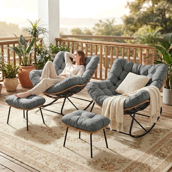 Pirecart Papasan Rocking Chair, Indoor Outdoor Comfy Papasan Chair, Wicker Egg Lounge Chair, Oversized Rocking Chair with Cushion for Living Room/Porch/Garden