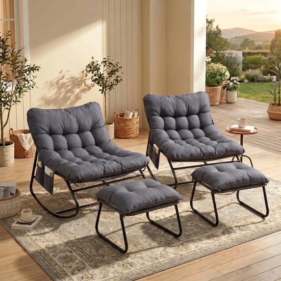 Pirecart Outdoor Papasan Rocking Chair, Lounge Chair with Cushion & Side Pocket, Metal Frame, Patio Rocker Chair for Balcony Backyard