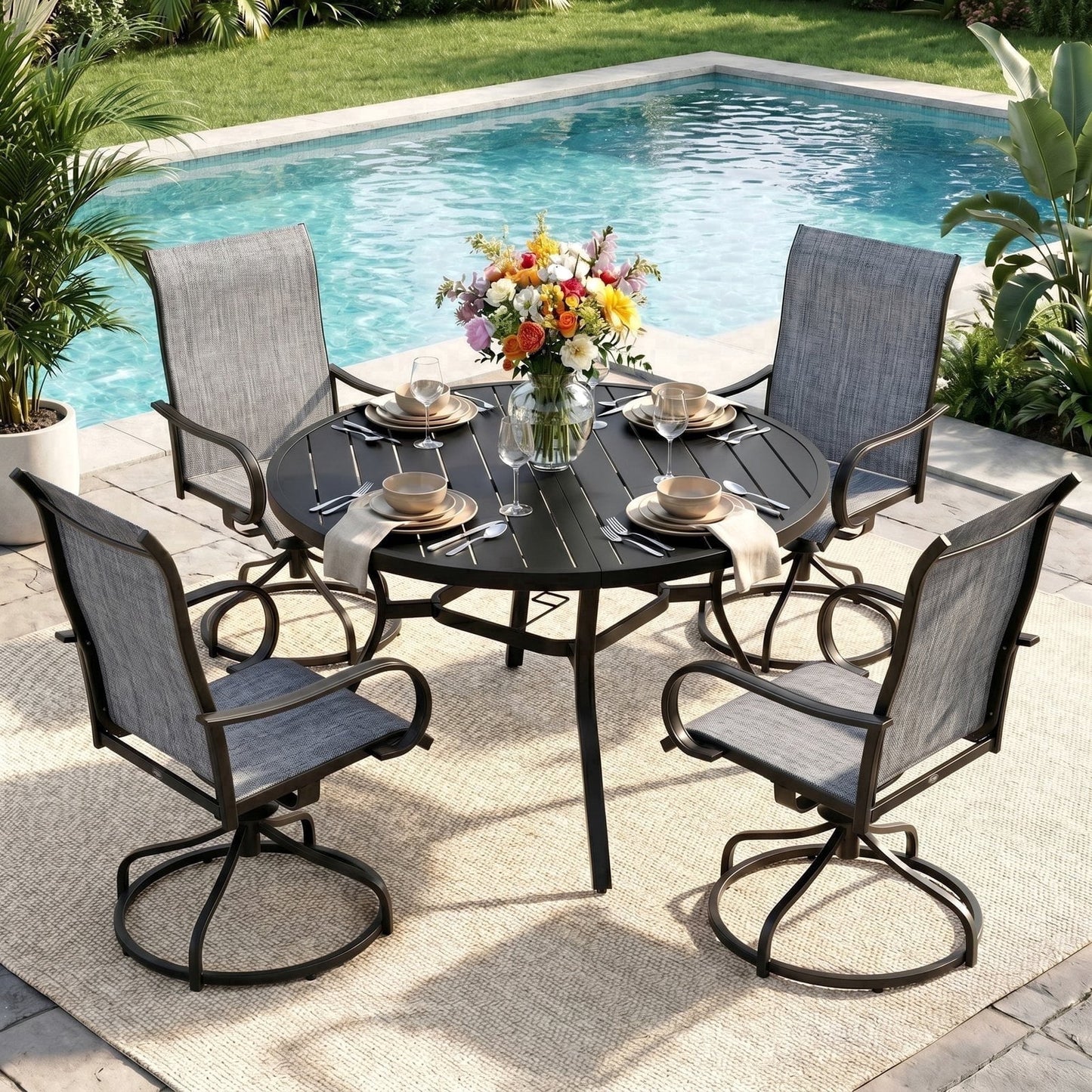 Pirecart Outdoor Table and Chairs Set for 4, Patio Dining Set with 4 Textilene Fabric Swivel Chairs and 47.2" Round Metal Table, 1.57"-1.8" Adjustable Umbrella Hole & Foot Pads