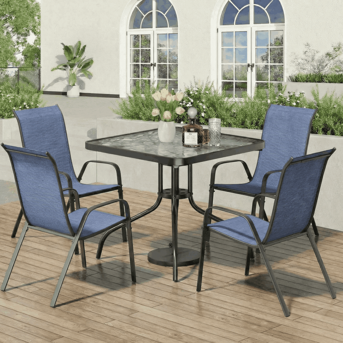 Pirecart Patio Dining Set of 5, Outdoor Furniture Set with 4 Stackable Textilene Armchairs & Square Table