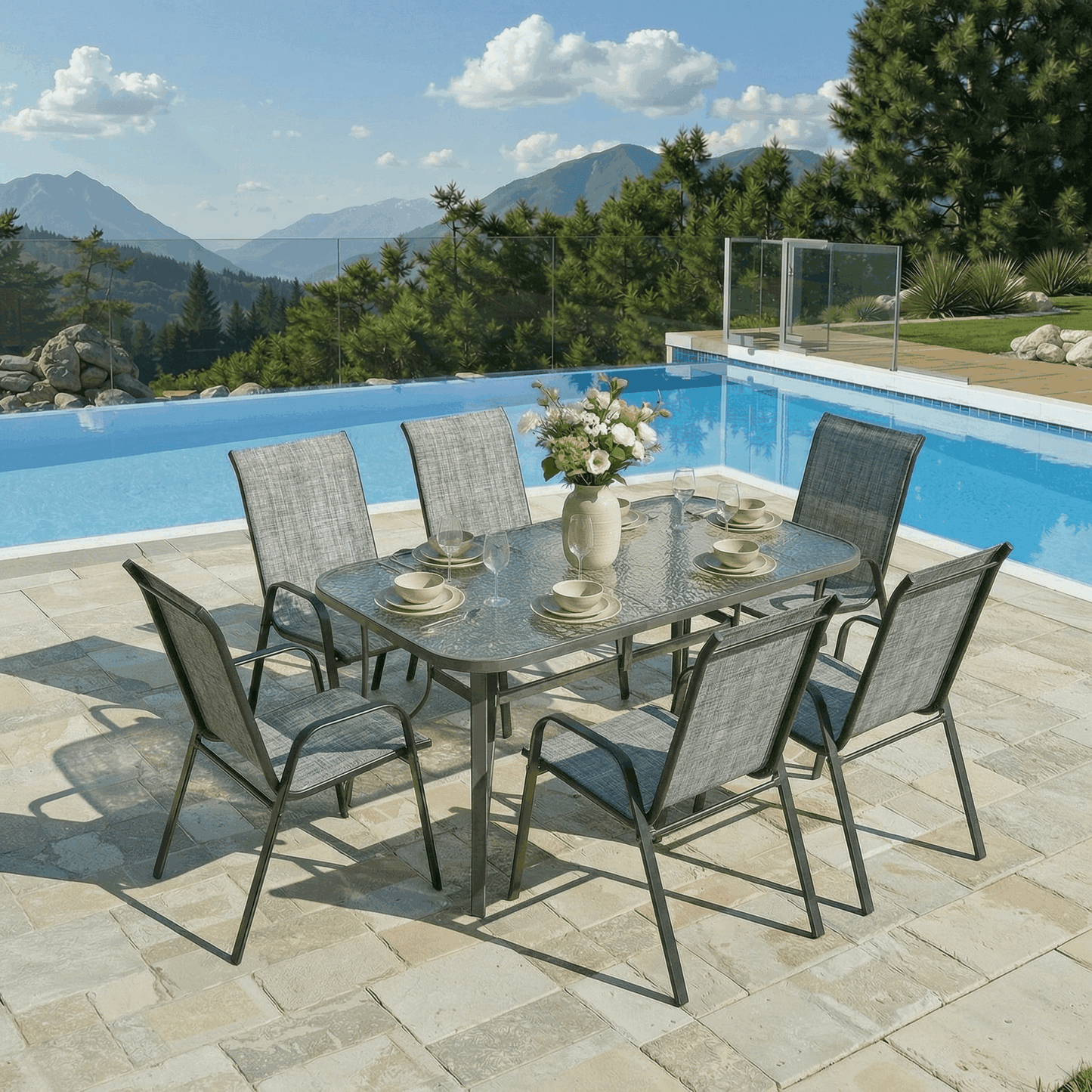 Pirecart Outdoor Table and Chair Set of 7, Textilene Patio Furniture Set Suitable for All Weather with Umbrella Hole, for Backyard Poolside