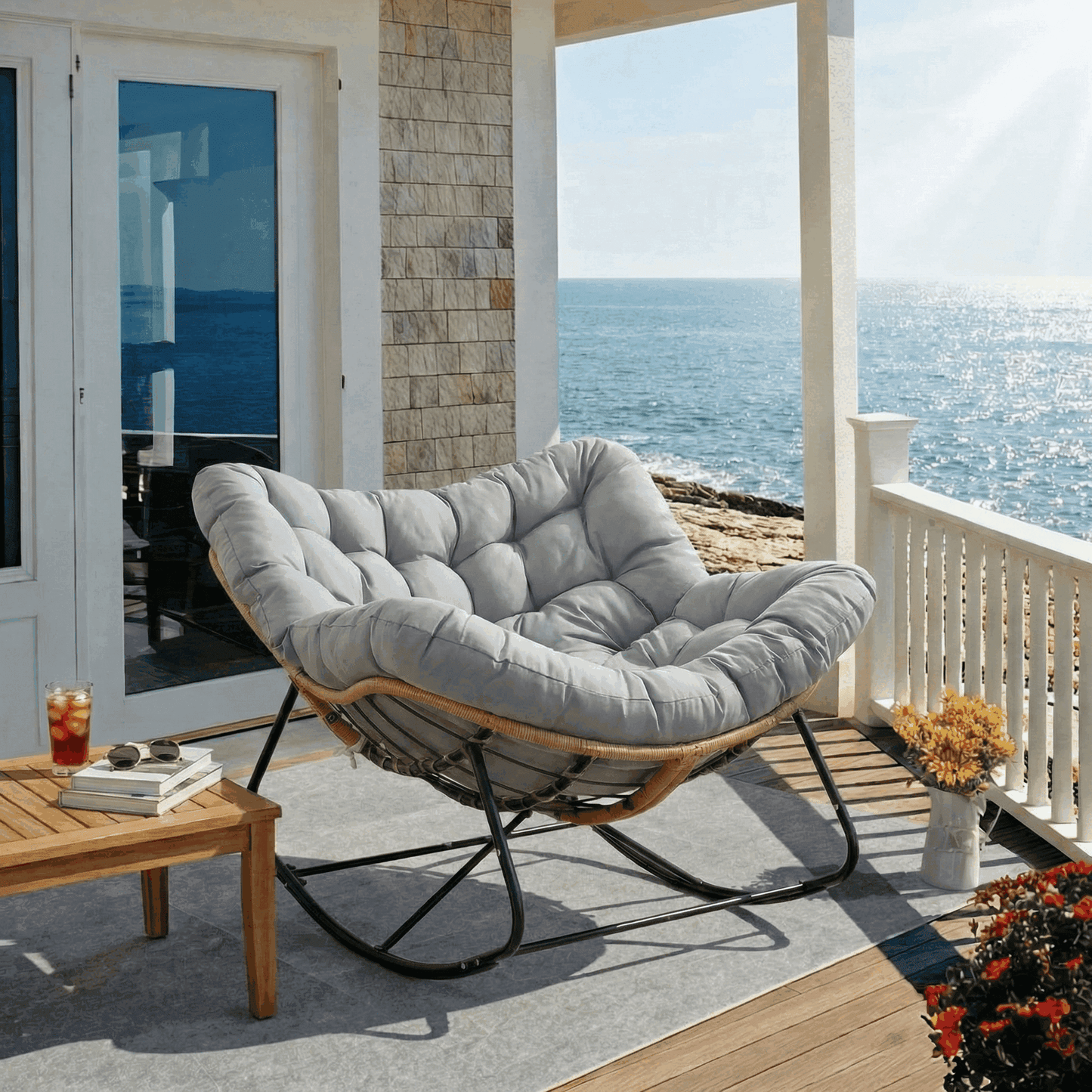 Pirecart Papasan Rocking Chair, Indoor Outdoor Comfy Papasan Chair, Wicker Egg Lounge Chair, Oversized Rocking Chair with Cushion for Living Room/Porch/Garden