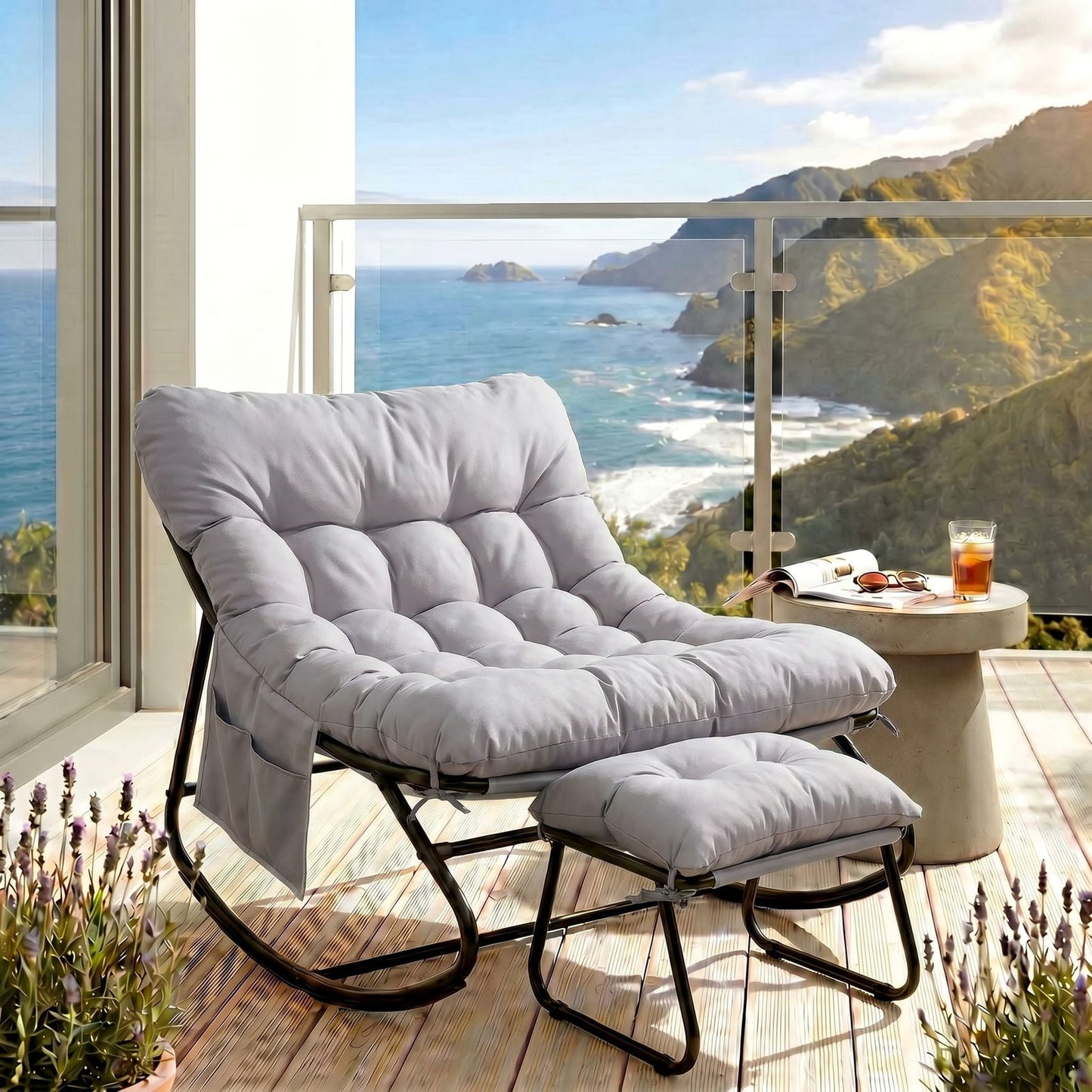 Pirecart Outdoor Papasan Rocking Chair, Lounge Chair with Cushion & Side Pocket, Metal Frame, Patio Rocker Chair for Balcony Backyard