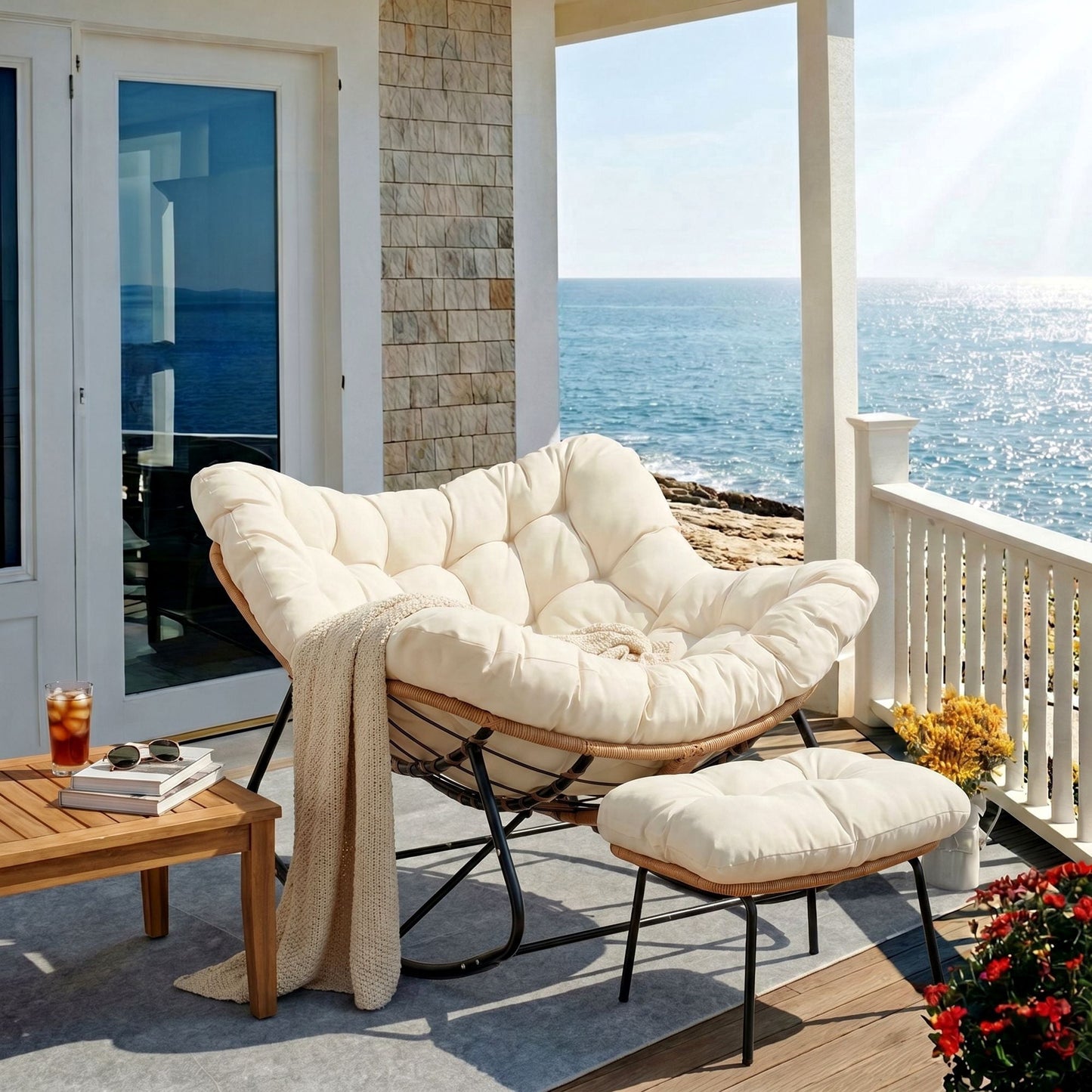 Pirecart Papasan Rocking Chair, Indoor Outdoor Comfy Papasan Chair, Wicker Egg Lounge Chair, Oversized Rocking Chair with Cushion for Living Room/Porch/Garden