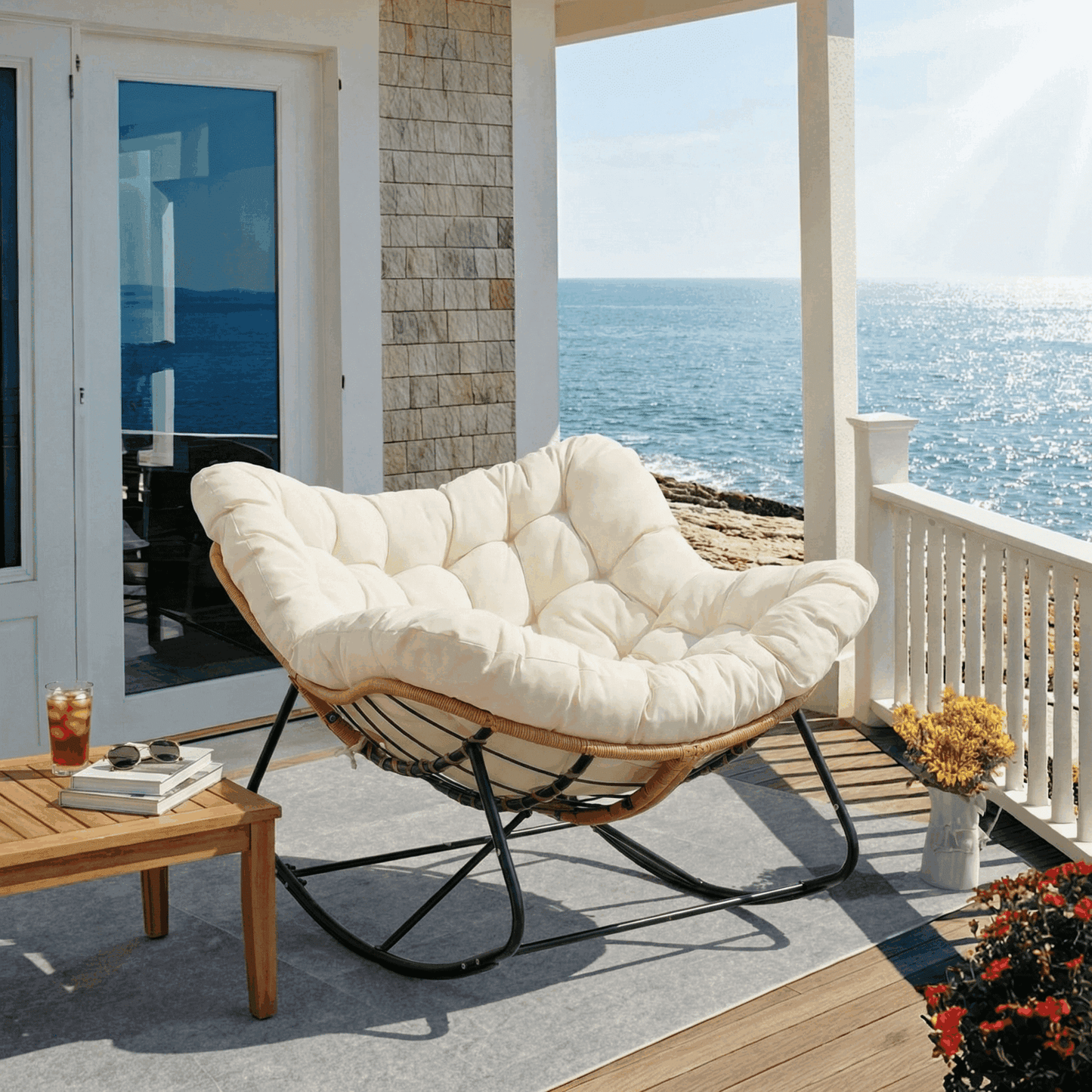 Pirecart Papasan Rocking Chair, Indoor Outdoor Comfy Papasan Chair, Wicker Egg Lounge Chair, Oversized Rocking Chair with Cushion for Living Room/Porch/Garden