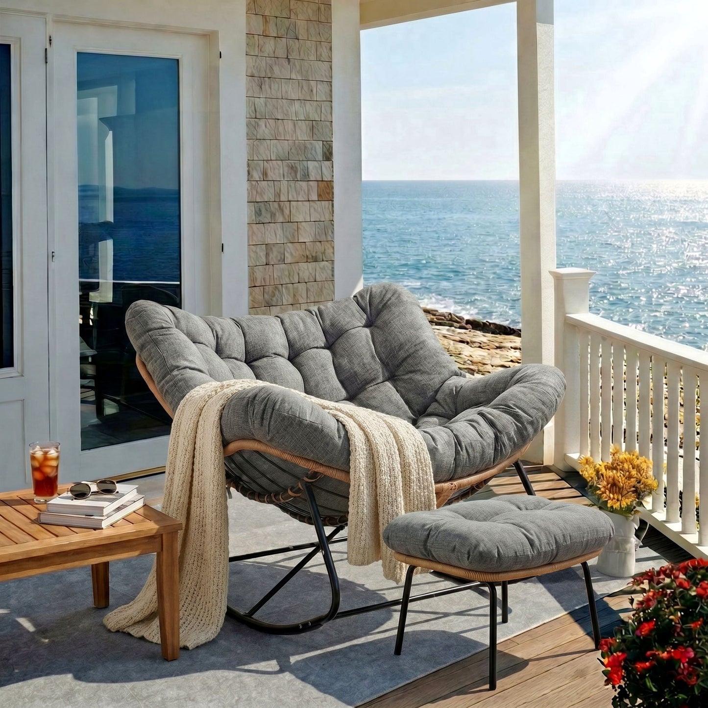 Pirecart Papasan Rocking Chair, Indoor Outdoor Comfy Papasan Chair, Wicker Egg Lounge Chair, Oversized Rocking Chair with Cushion for Living Room/Porch/Garden