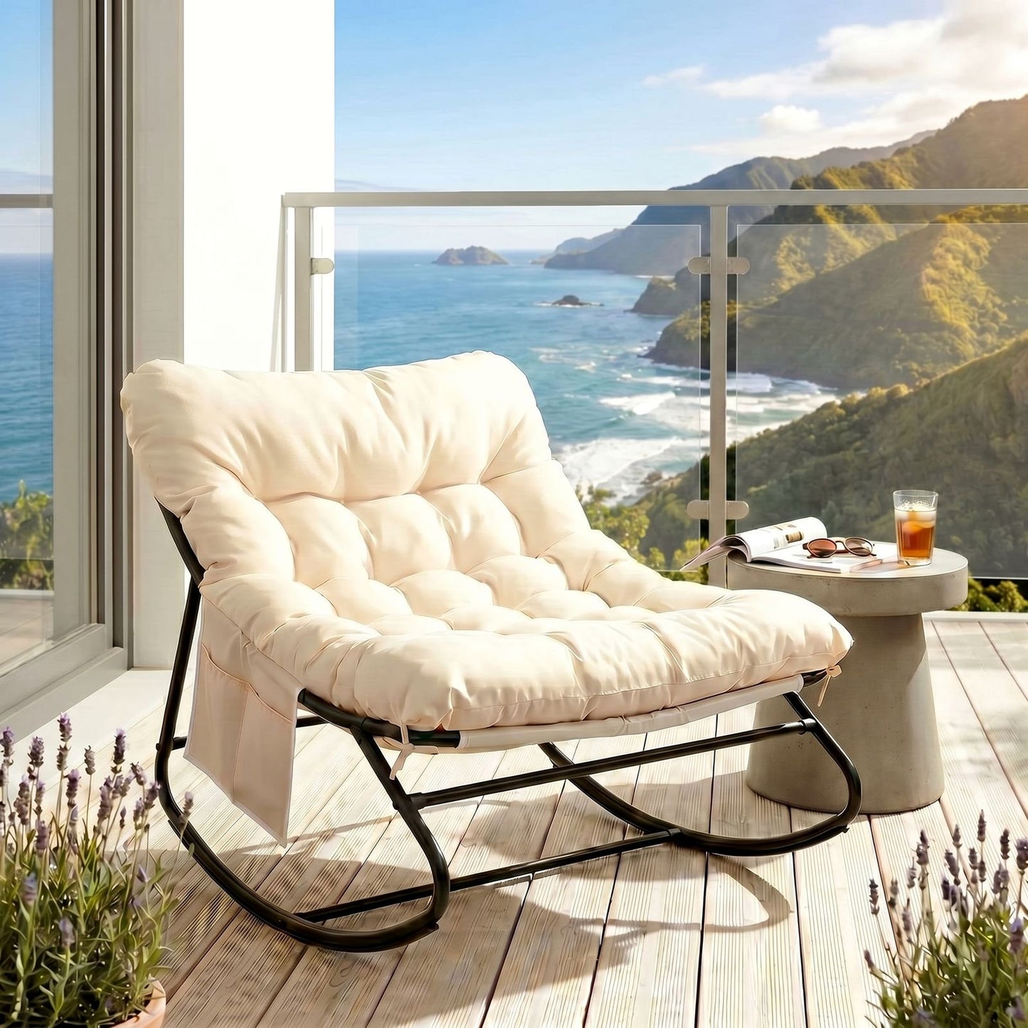 Pirecart Outdoor Papasan Rocking Chair, Lounge Chair with Cushion & Side Pocket, Metal Frame, Patio Rocker Chair for Balcony Backyard