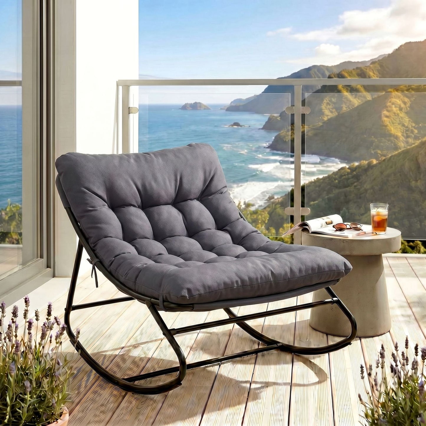 Pirecart Outdoor Papasan Rocking Chair, Lounge Chair with Cushion & Side Pocket, Metal Frame, Patio Rocker Chair for Balcony Backyard