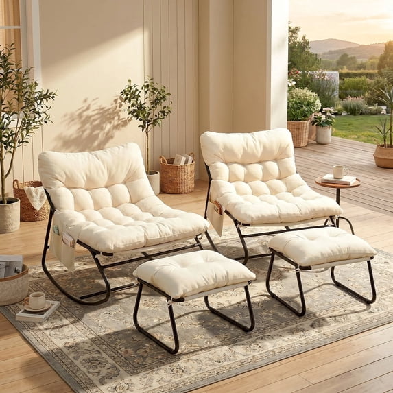 Pirecart Outdoor Papasan Rocking Chair, Lounge Chair with Cushion & Side Pocket, Metal Frame, Patio Rocker Chair for Balcony Backyard