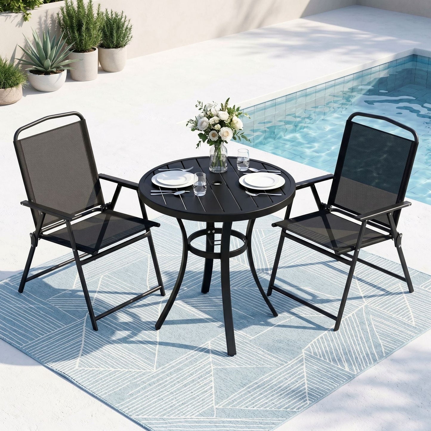 Pirecart 3/5Pcs Outdoor Dining Set, 2/4 Textilene Folding Chairs W/ 41.1" Round Dining Table, for Deck, Garden, Pool, Yard & Camping