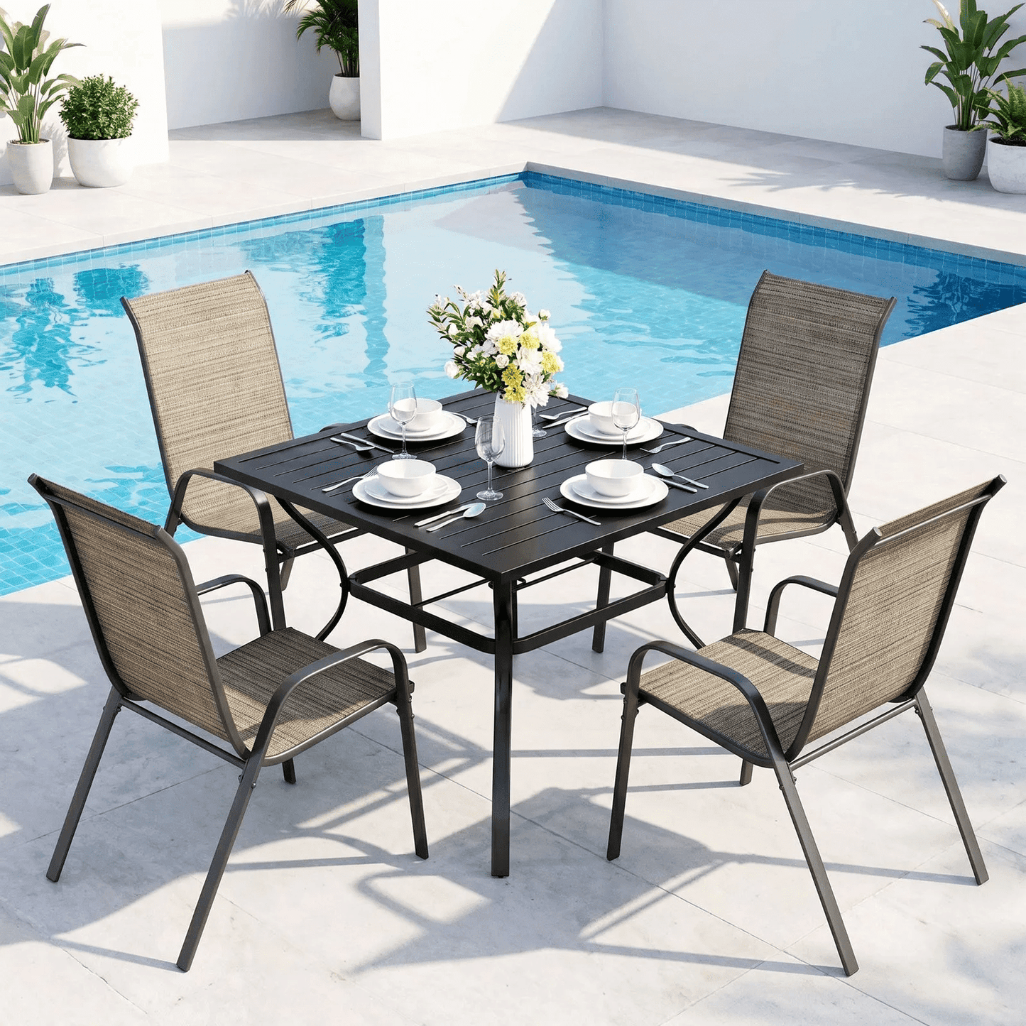 Pirecart Outdoor Dining Set of 5, Patio Dining Set W/1.57"-1.8" Adjustable Umbrella Hole & Foot Pads, All Weather 37" Square Metal Table and 4 Stackable Textilene Chair