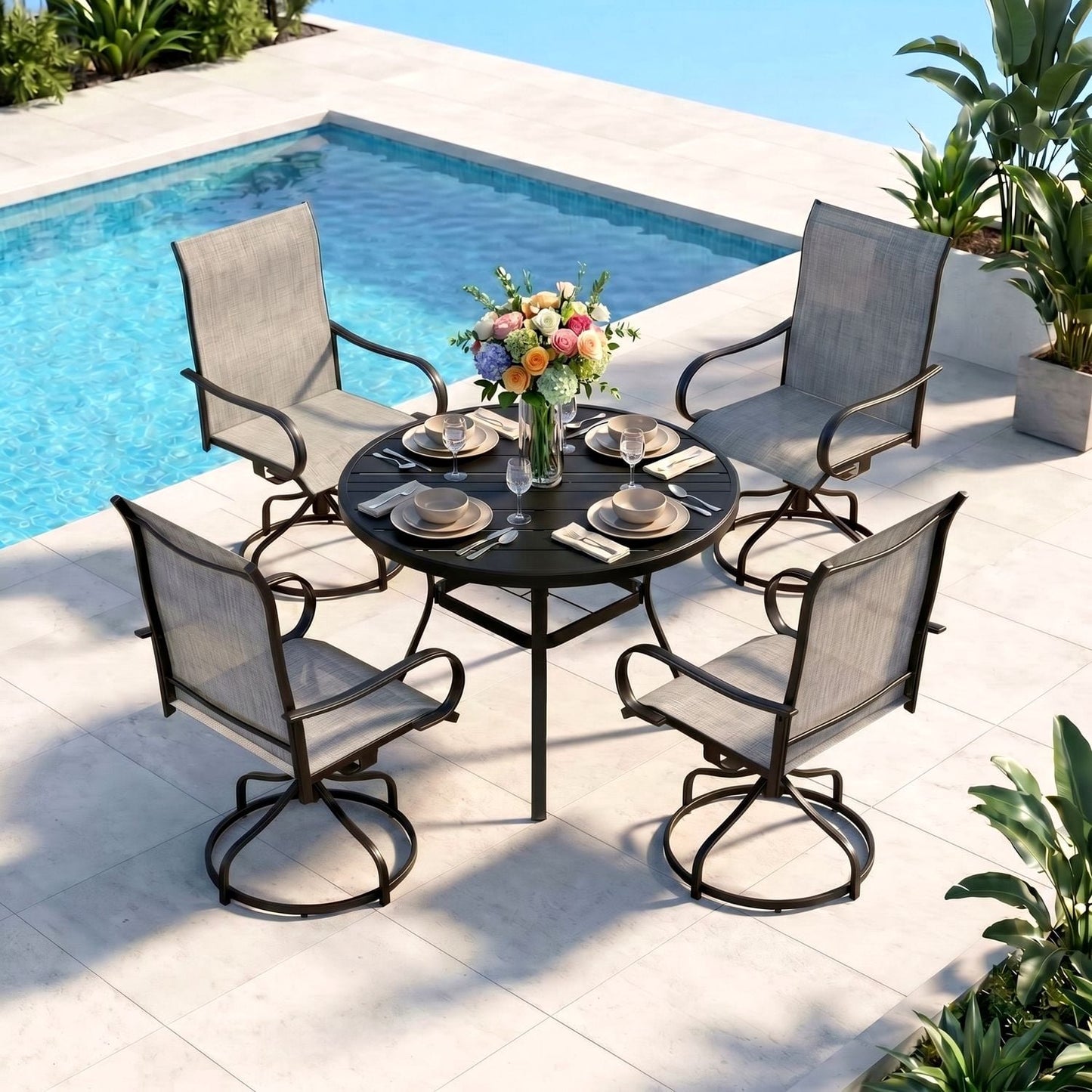 Pirecart 5Pcs Patio Dining Set, 4 Patio 360° Swivel Chairs & 42" Round Metal Table W/1.57"-1.8" Adjustable Umbrella Hole, Outdoor Table and Chairs Set