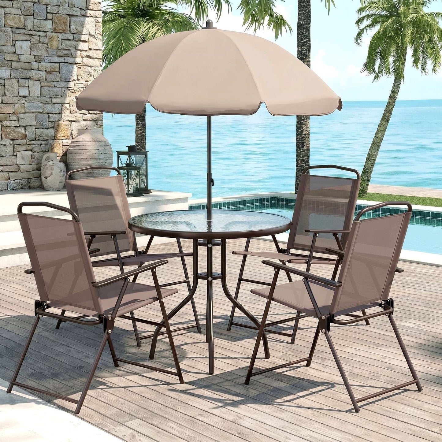 Pirecart Patio Dining Set of 6, Outdoor Table and Chairs Set with 65″ Umbrella, 31.5″ Round Glass Table & 4 Folding Textilene Chairs, Outdoor Dining Set
