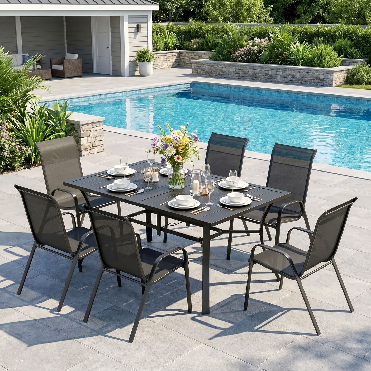 Pirecart 7Pcs Patio Dining Set, 63''x38'' Rectangular Metal Table with 6 Textilene Chairs, Outdoor Table and Chairs W/1.6" Adjustable Umbrella Hole & Foot Pads