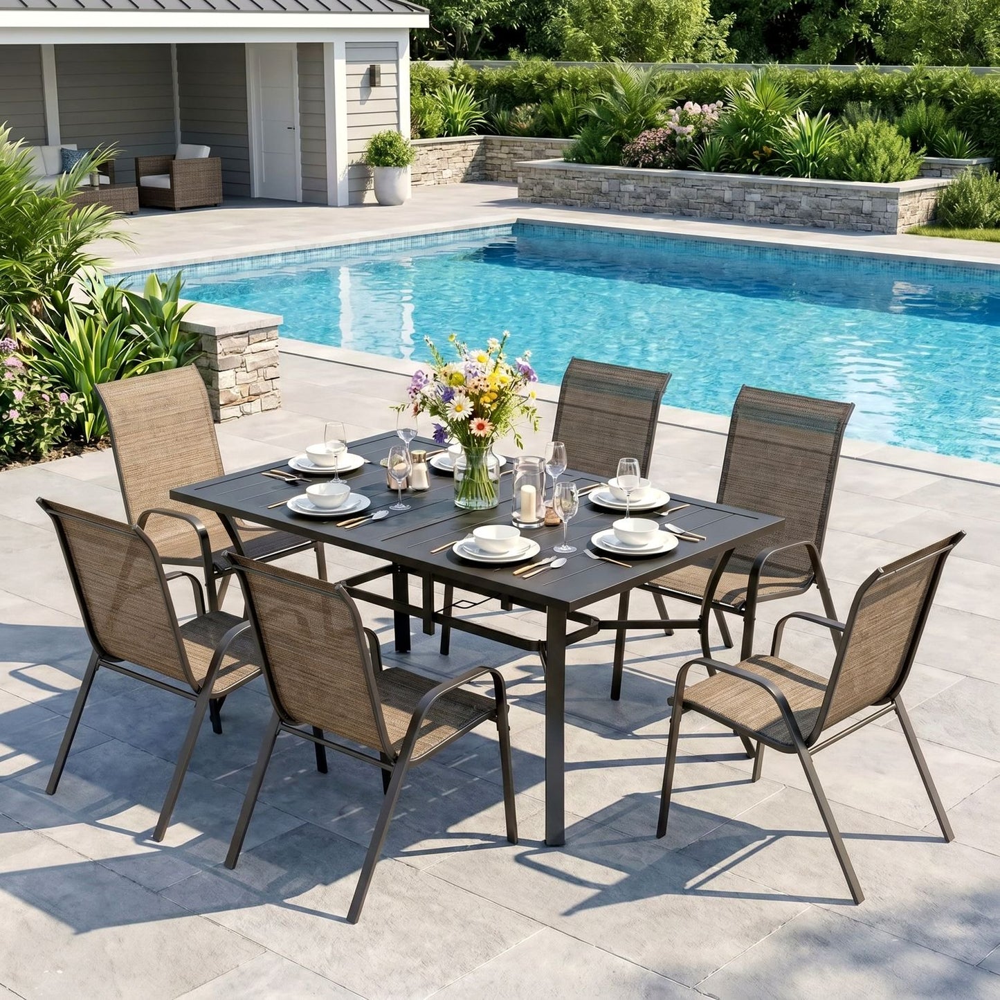 Pirecart 7Pcs Patio Dining Set, 63''x38'' Rectangular Metal Table with 6 Textilene Chairs, Outdoor Table and Chairs W/1.6" Adjustable Umbrella Hole & Foot Pads