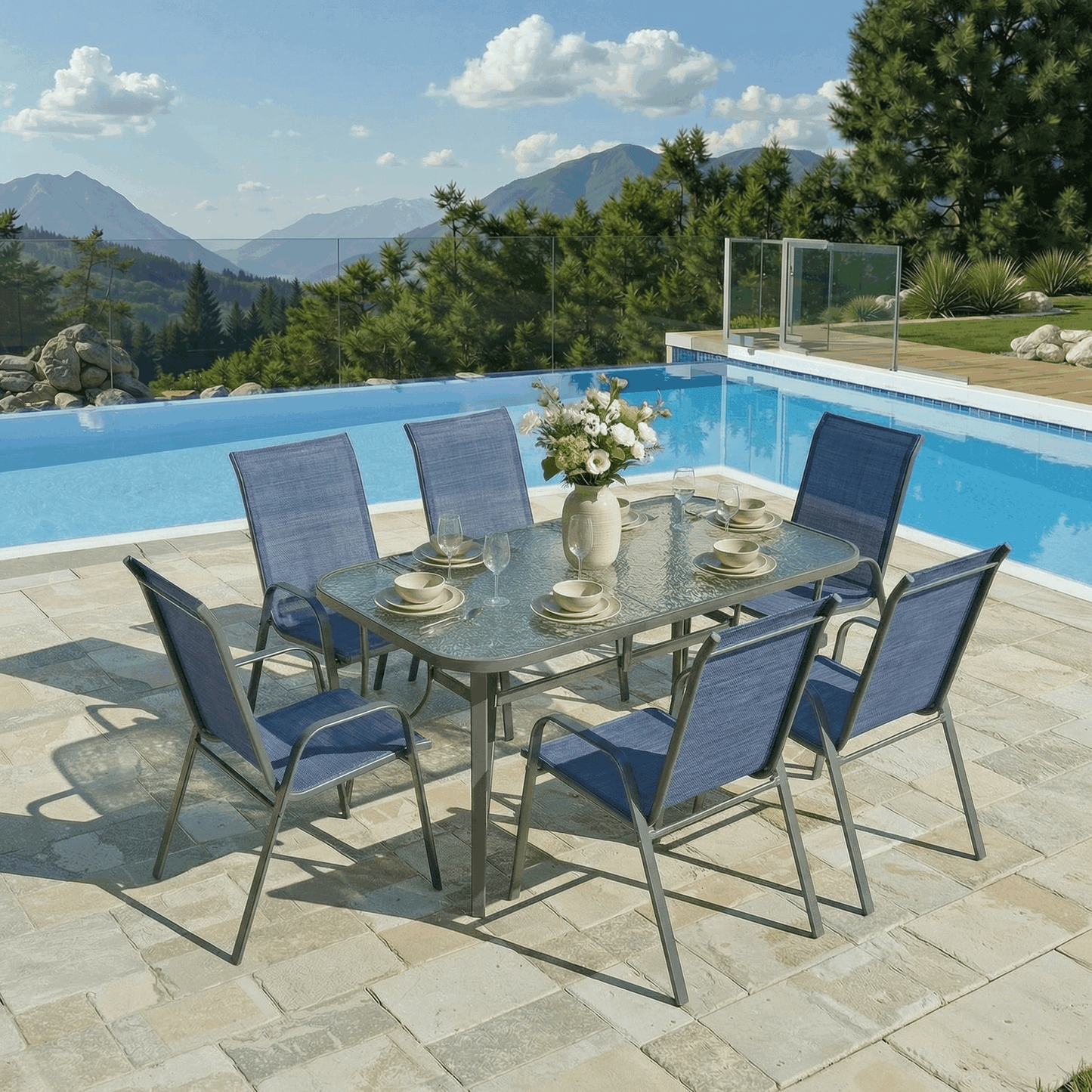 Pirecart Outdoor Table and Chair Set of 7, Textilene Patio Furniture Set Suitable for All Weather with Umbrella Hole, for Backyard Poolside