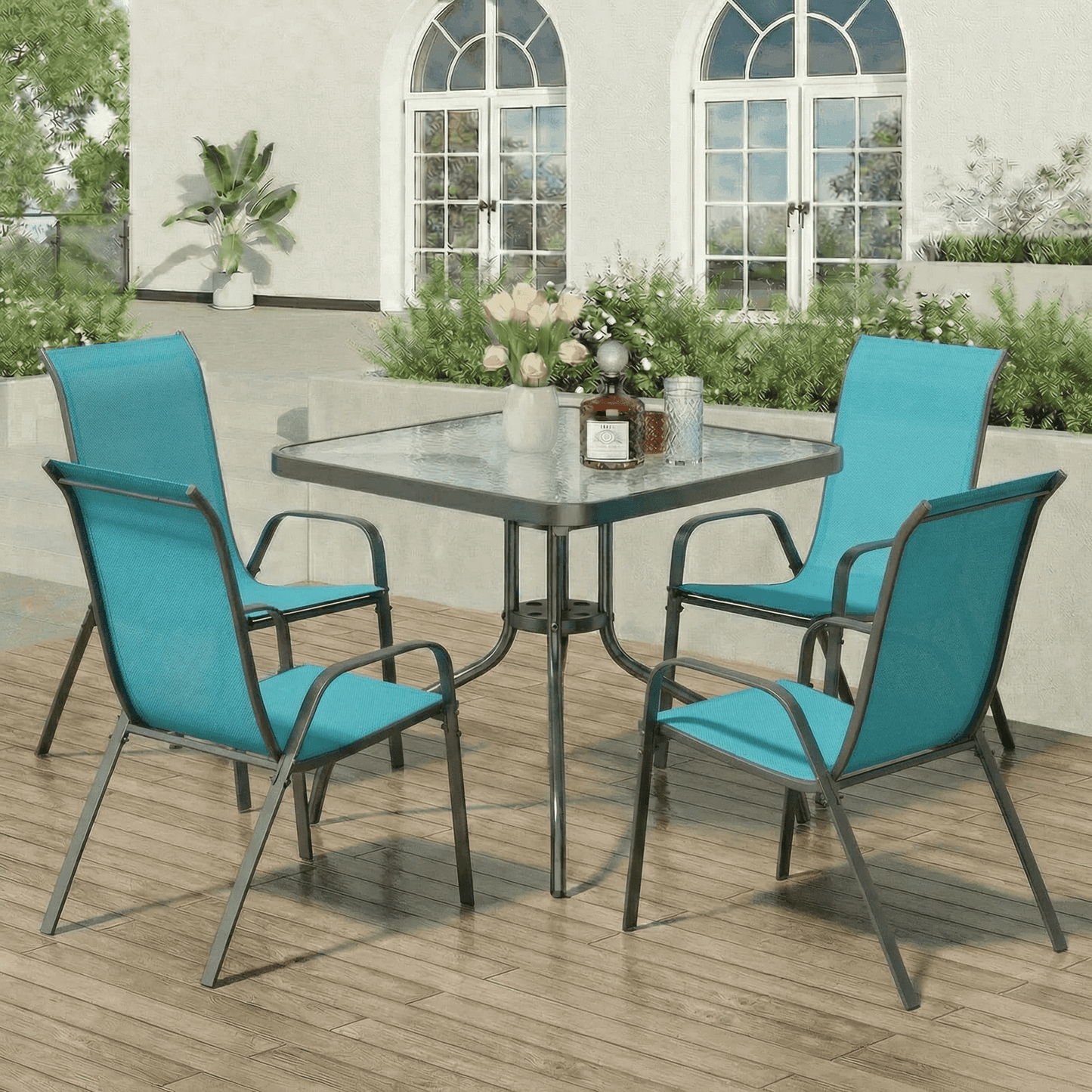 Pirecart Patio Dining Set of 5, Outdoor Furniture Set with 4 Stackable Textilene Armchairs & Square Table